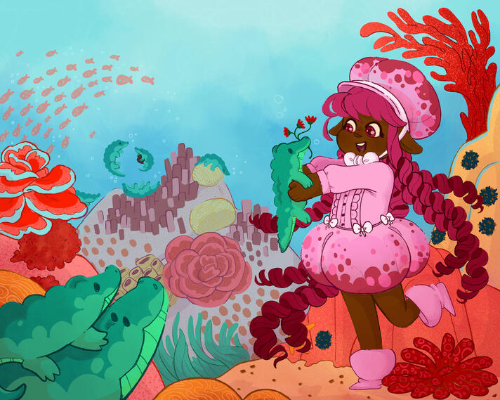 Stand-alone Illustration: Jellyfish Girl Playing with Crocodiles, 10 x 8